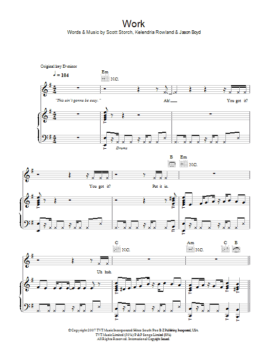 Work (Piano, Vocal & Guitar Chords) von Kelly Rowland