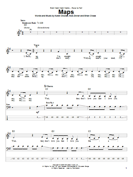 Maps (Bass Guitar Tab) von Yeah Yeah Yeahs