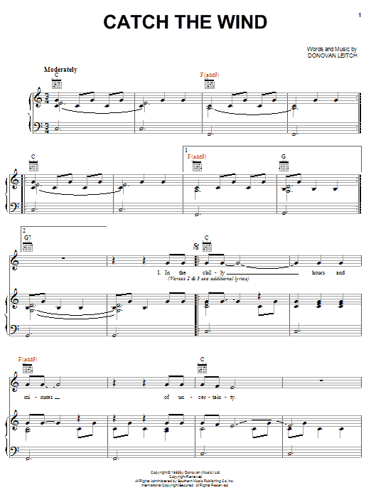Catch The Wind (Piano, Vocal & Guitar Chords (Right-Hand Melody)) von Donovan