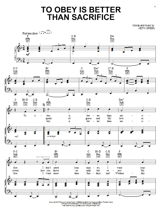 To Obey Is Better Than Sacrifice (Piano, Vocal & Guitar Chords (Right-Hand Melody)) von Keith Green