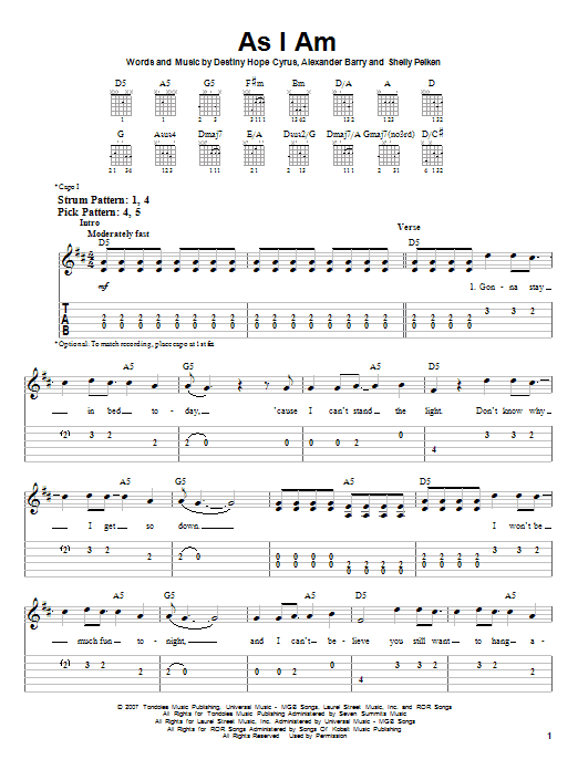 As I Am (Easy Guitar Tab) von Hannah Montana