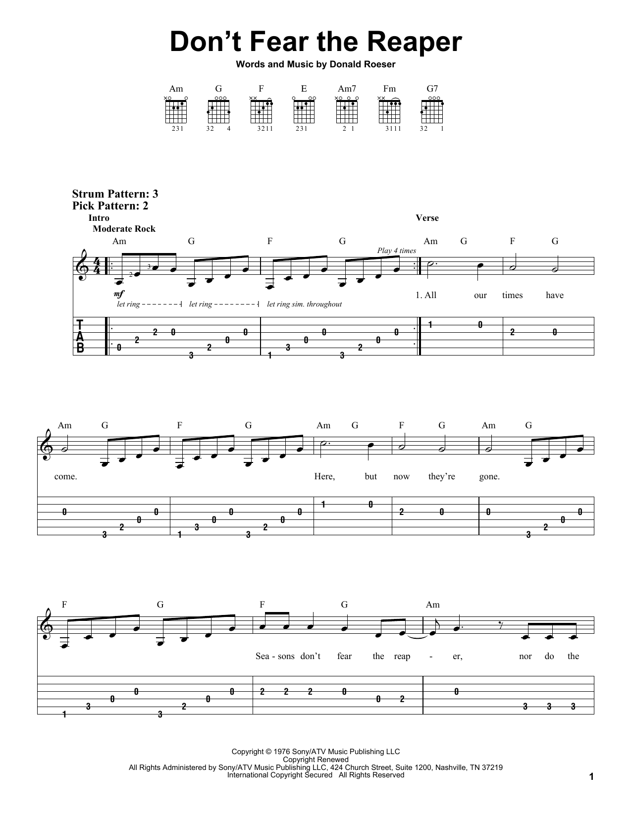 Don't Fear The Reaper (Easy Guitar Tab) von Blue Oyster Cult