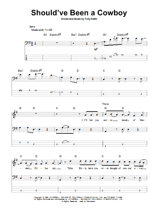 Should've Been A Cowboy (Bass Guitar Tab) von Toby Keith