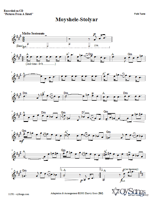 Moyshele-Stolyar (Lead Sheet / Fake Book) von Zinovy Goro