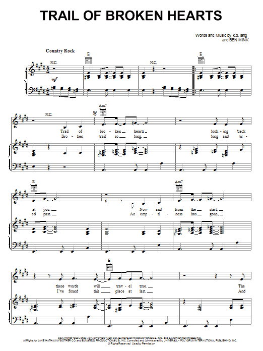 Trail Of Broken Hearts (Piano, Vocal & Guitar Chords (Right-Hand Melody)) von k.d. lang