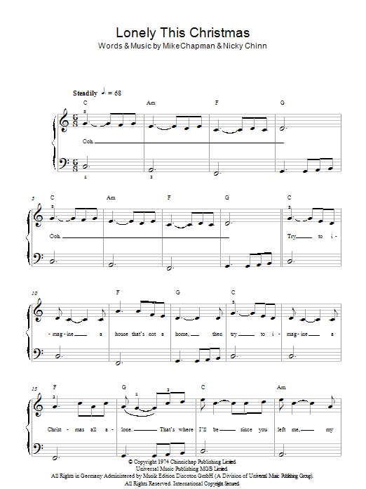 Lonely This Christmas (Easy Piano) von Mud