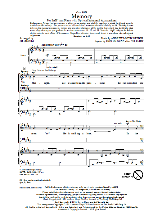 Memory (from Cats) (arr. Ed Lojeski) (SAB Choir) von Andrew Lloyd Webber
