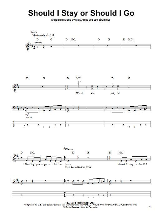 Should I Stay Or Should I Go (Bass Guitar Tab) von The Clash