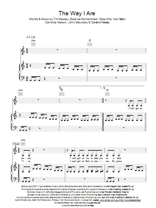 The Way I Are (Piano, Vocal & Guitar Chords) von Timbaland