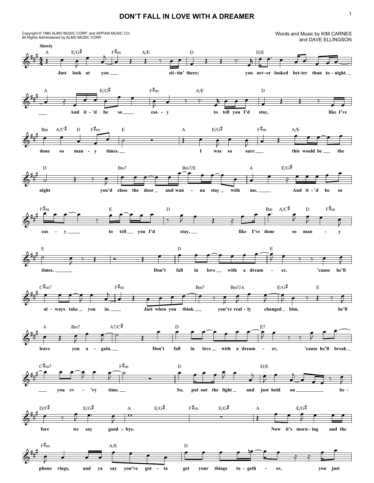 Don't Fall In Love With A Dreamer (Lead Sheet / Fake Book) von Kenny Rodgers & Kim Carnes