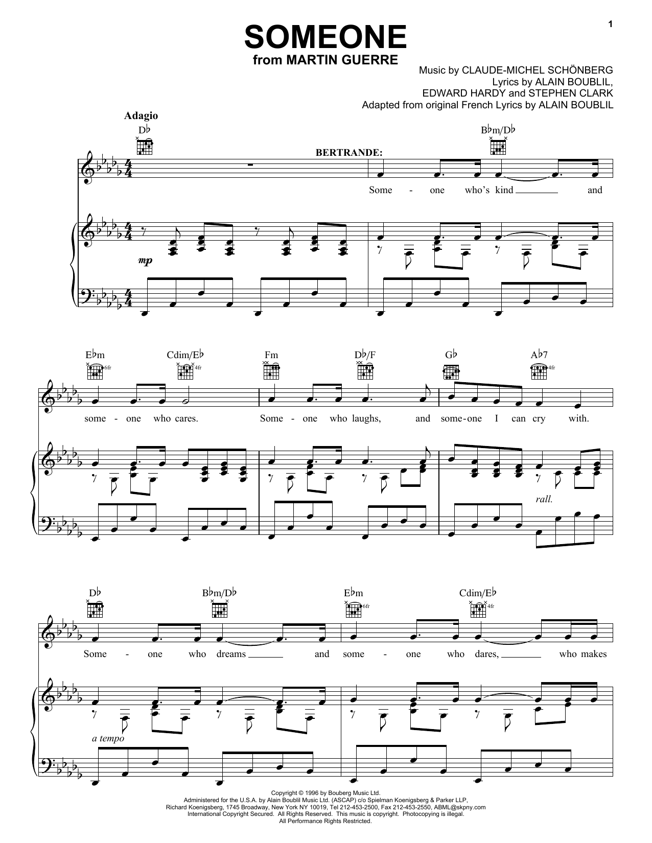 Someone (from Martin Guerre) (Piano, Vocal & Guitar Chords (Right-Hand Melody)) von Boublil and Schonberg