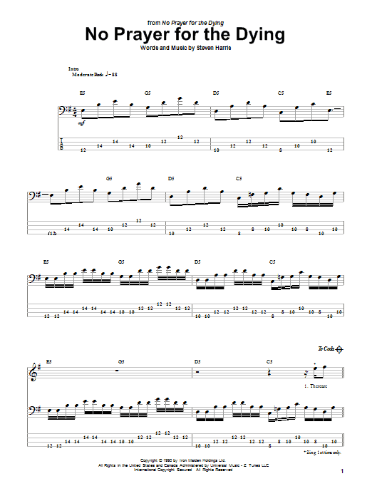 No Prayer For The Dying (Bass Guitar Tab) von Iron Maiden