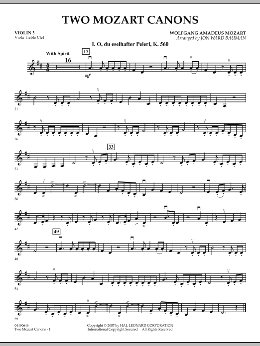 Two Mozart Canons - Violin 3 (Viola Treble Clef) (Orchestra) von Jon Ward Bauman