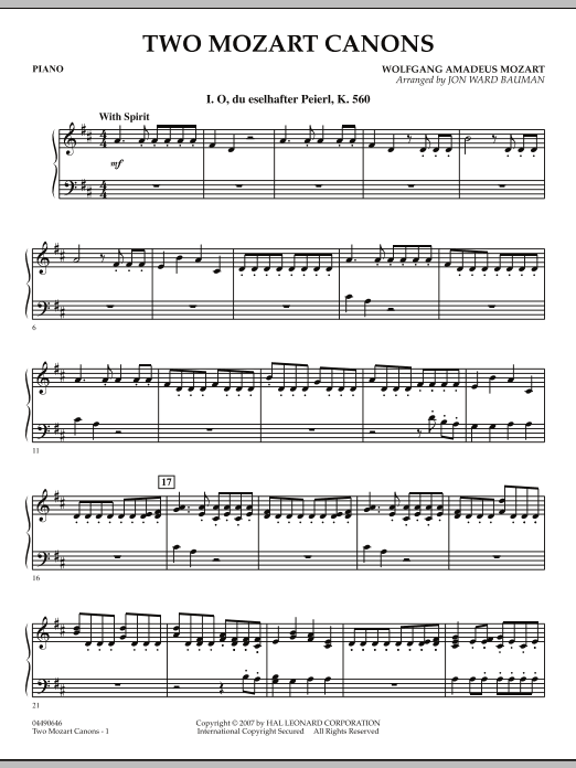 Two Mozart Canons - Piano (Orchestra) von Jon Ward Bauman