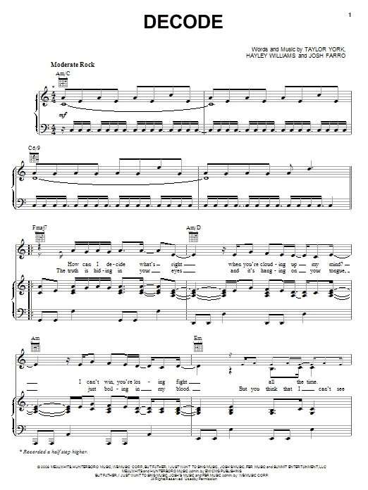 Decode (Piano, Vocal & Guitar Chords (Right-Hand Melody)) von Paramore