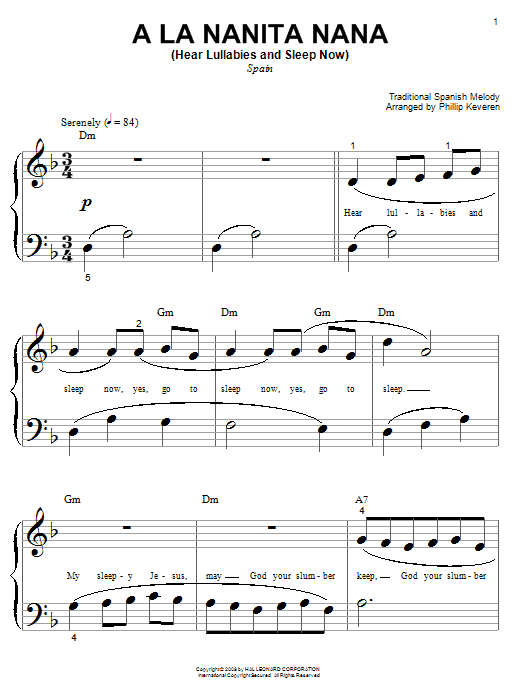 A La Nanita Nana (Hear Lullabies And Sleep Now) (arr. Phillip Keveren) (Big Note Piano) von Traditional Spanish Melody
