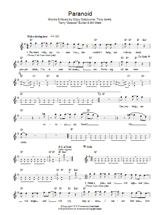 Paranoid (Lead Sheet / Fake Book) von Black Sabbath