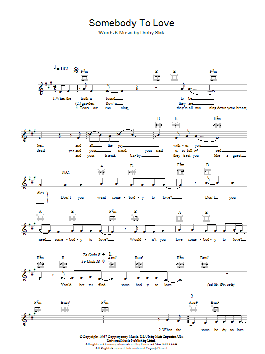 Somebody To Love (Lead Sheet / Fake Book) von Jefferson Airplane