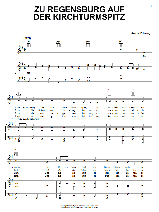 Zu Regensburg Auf Der Kirchturmspitz (Piano, Vocal & Guitar Chords (Right-Hand Melody)) von German Folksong