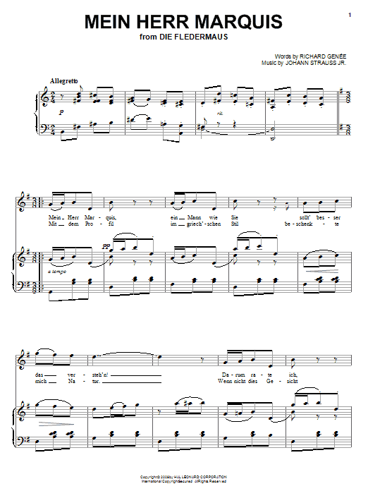 Mein Herr Marquis (Piano, Vocal & Guitar Chords (Right-Hand Melody)) von Johann Strauss Jr.