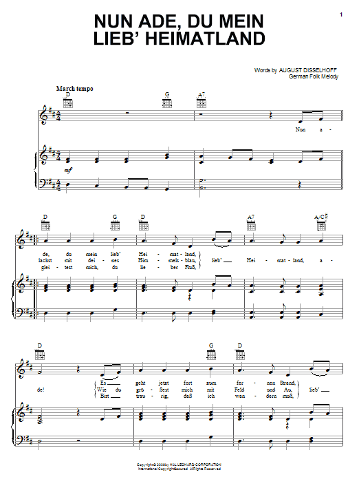 Nun Ade, Du Mein Lieb' Heimatlan (Piano, Vocal & Guitar Chords (Right-Hand Melody)) von August Disselhoff