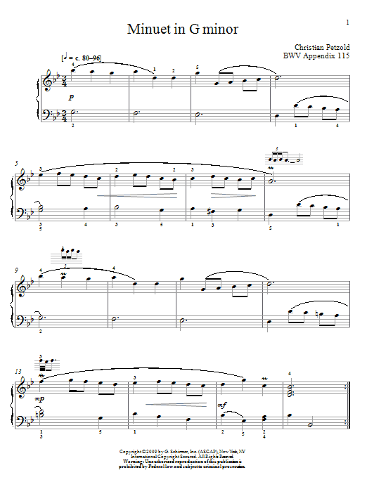 Menuet In G Minor, BWV App. 115 (Piano Solo) von Johann Sebastian Bach