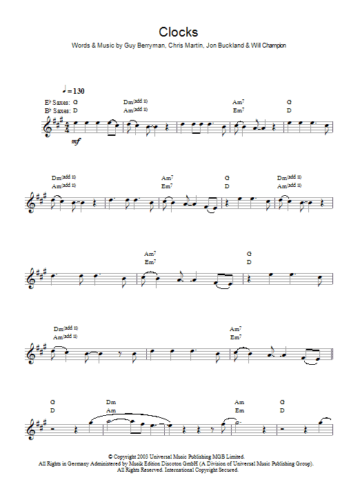 Clocks (Lead Sheet / Fake Book) von Coldplay