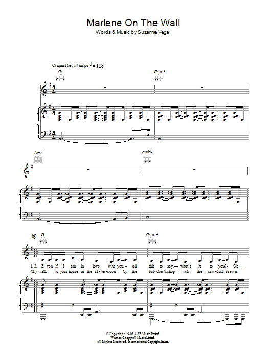 Marlene On The Wall (Piano, Vocal & Guitar Chords) von Suzanne Vega