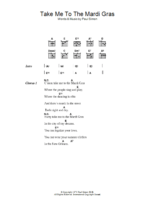 Take Me To The Mardi Gras (Guitar Chords/Lyrics) von Paul Simon