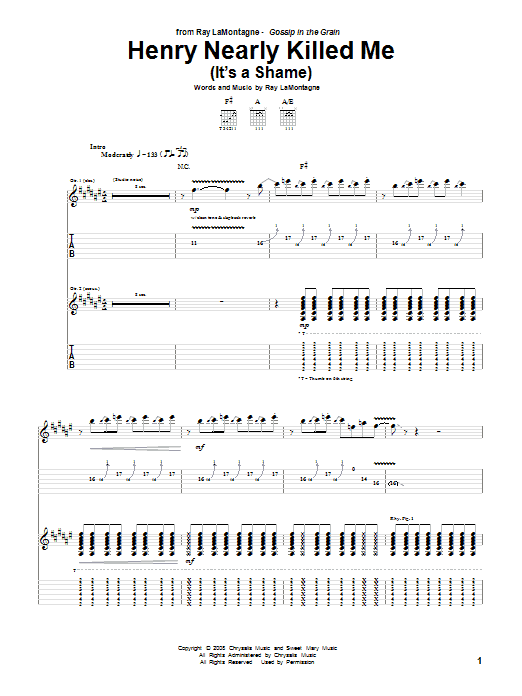 Henry Nearly Killed Me (It's A Shame) (Guitar Tab) von Ray LaMontagne