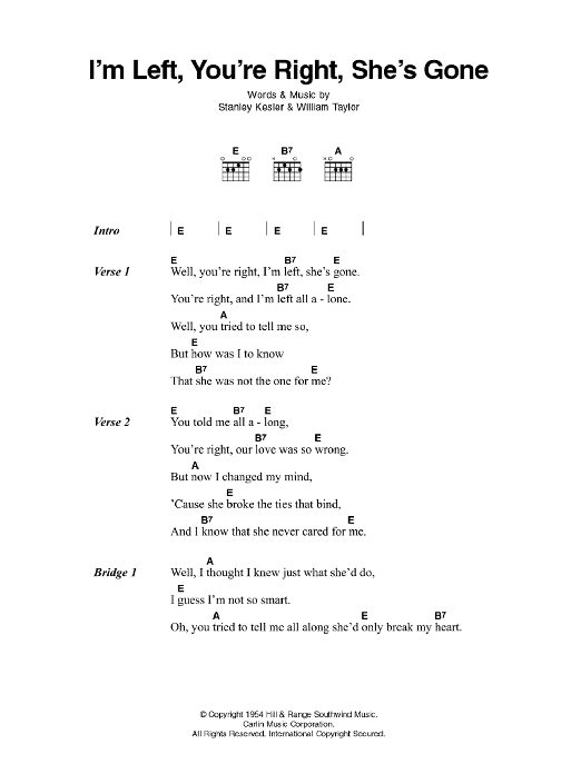 I'm Left, You're Right, She's Gone (Guitar Chords/Lyrics) von Elvis Presley