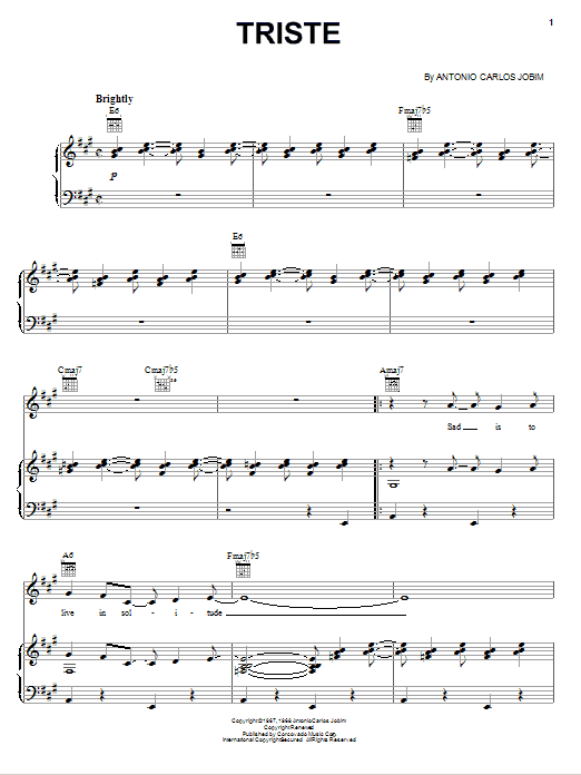 Triste (Piano, Vocal & Guitar Chords (Right-Hand Melody)) von Antonio Carlos Jobim