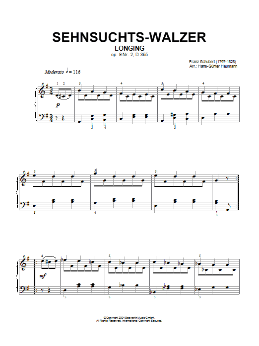 Sehnsuchts-Walzer (Longing), Op.9, No.2, D365 (Piano Solo) von Franz Schubert