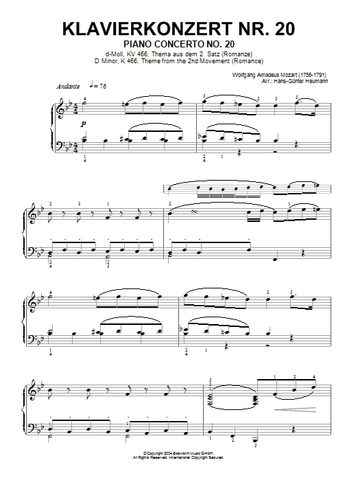 Piano Concerto No.20, theme from the Second Movement (Romance) (Piano Solo) von Wolfgang Amadeus Mozart