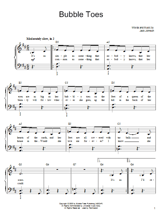 Bubble Toes (Easy Piano) von Jack Johnson