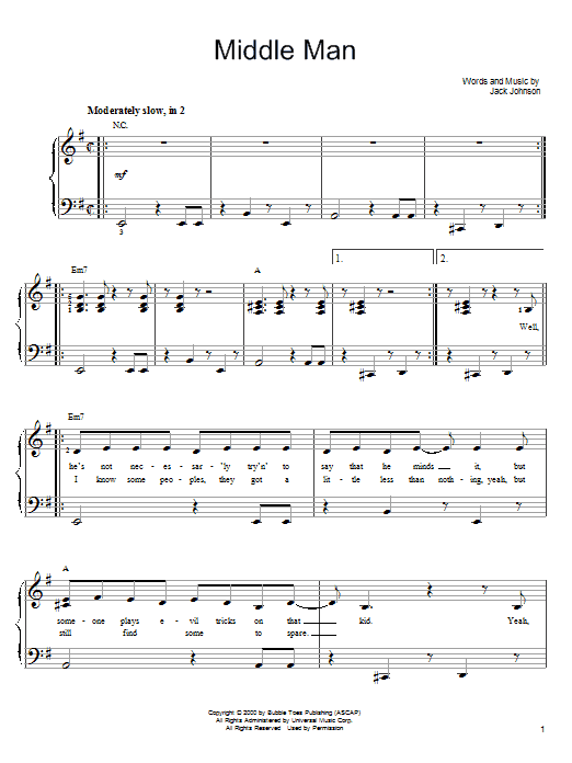 Middle Man (Easy Piano) von Jack Johnson