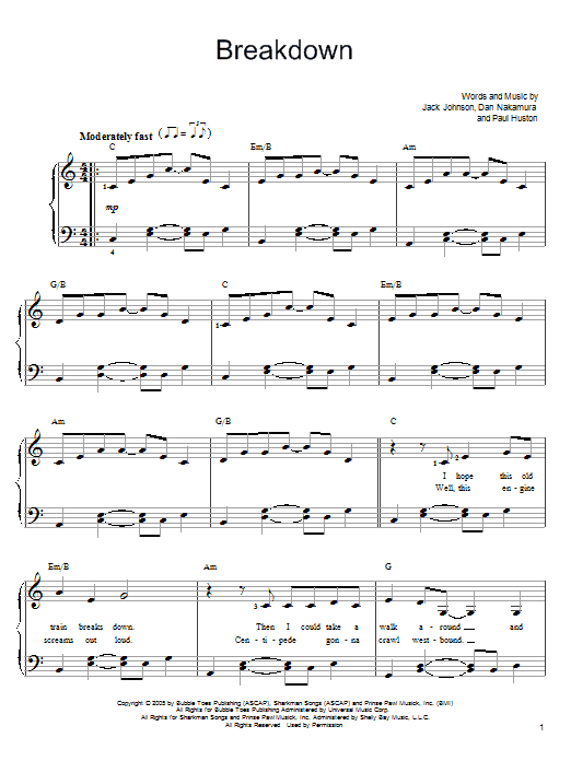 Breakdown (Easy Piano) von Jack Johnson