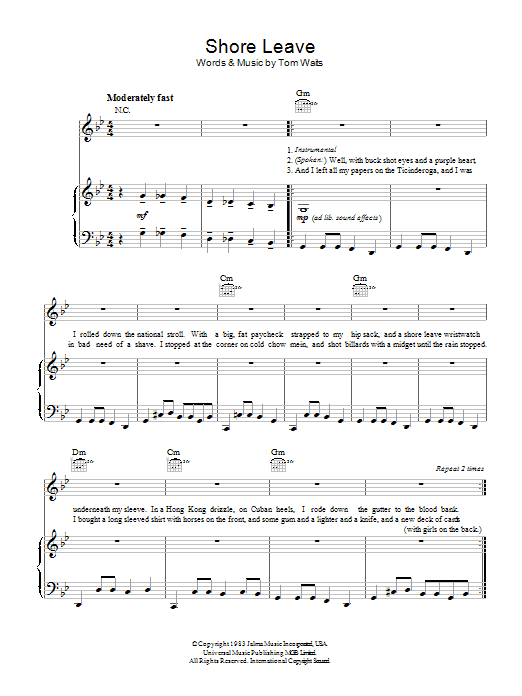 Shore Leave (Piano, Vocal & Guitar Chords) von Tom Waits