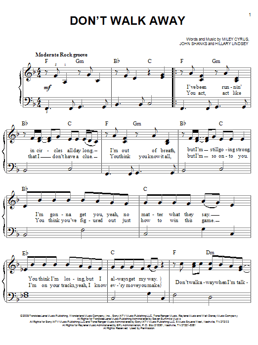 Don't Walk Away (Easy Piano) von Miley Cyrus
