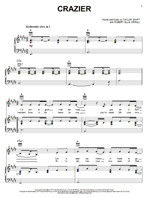 Crazier (Piano, Vocal & Guitar Chords (Right-Hand Melody)) von Taylor Swift