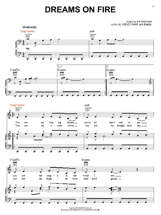 Dreams On Fire (Piano, Vocal & Guitar Chords (Right-Hand Melody)) von A.R. Rahman