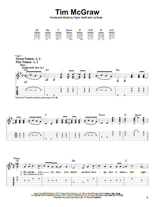 Tim McGraw (Easy Guitar Tab) von Taylor Swift