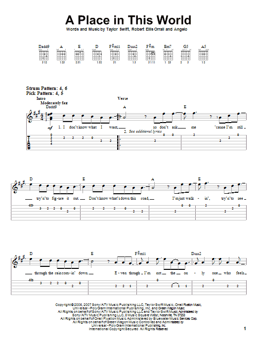 A Place In This World (Easy Guitar Tab) von Taylor Swift