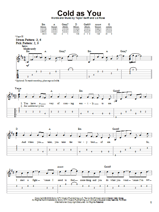 Cold As You (Easy Guitar Tab) von Taylor Swift