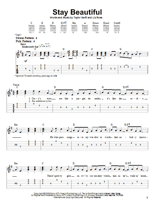 Stay Beautiful (Easy Guitar Tab) von Taylor Swift