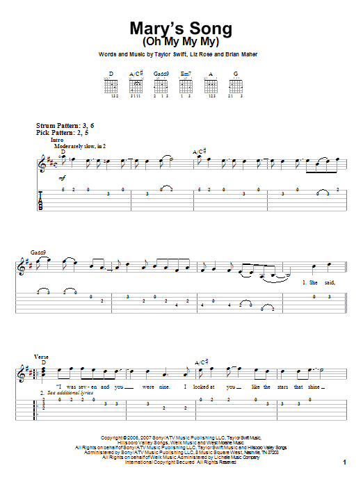 Mary's Song (Oh My My My) (Easy Guitar Tab) von Taylor Swift