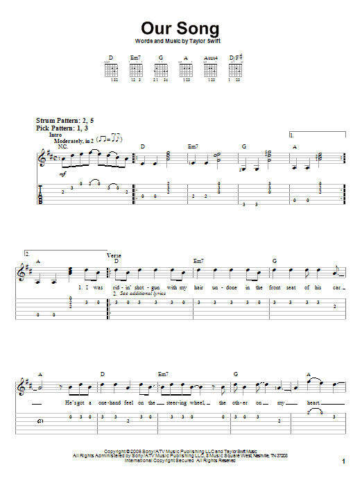 Our Song (Easy Guitar Tab) von Taylor Swift