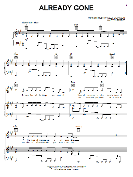 Already Gone (Piano, Vocal & Guitar Chords (Right-Hand Melody)) von Kelly Clarkson