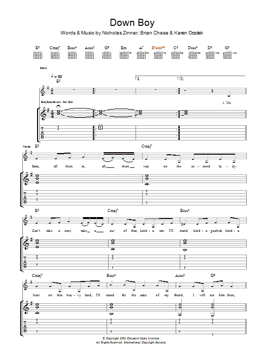 Down Boy (Guitar Tab) von Yeah Yeah Yeahs