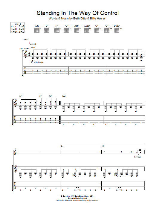 Standing In The Way Of Control (Guitar Tab) von Gossip